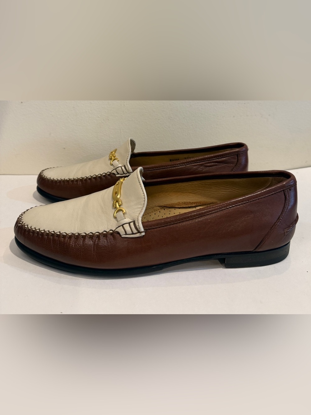 Bally Kauai 90s Horsebit Brown and White Leather Loafers